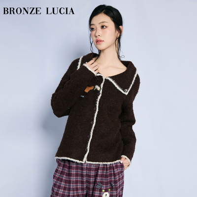 Bronze Lucia复古棕边奶狗针织开衫大翻领原创设计学院风毛衣外套