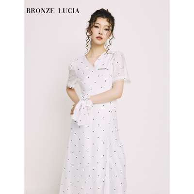 Bronze Lucia白色波点系带连衣裙（送发饰）