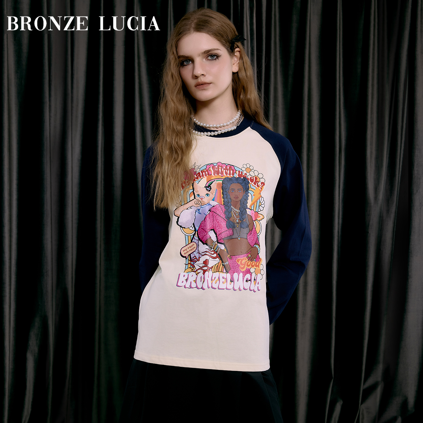 Bronze Lucia撞色千禧童话插肩袖印花长袖T恤女秋冬原创设计上衣