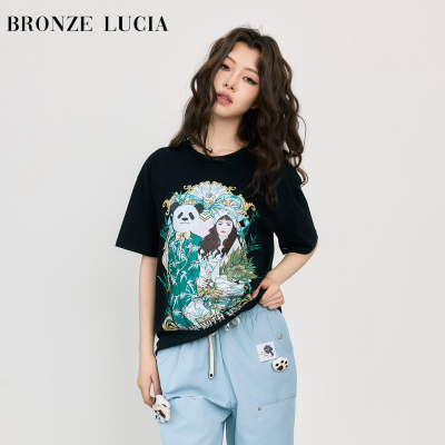 Bronze Lucia黑色国风熊猫T恤短袖