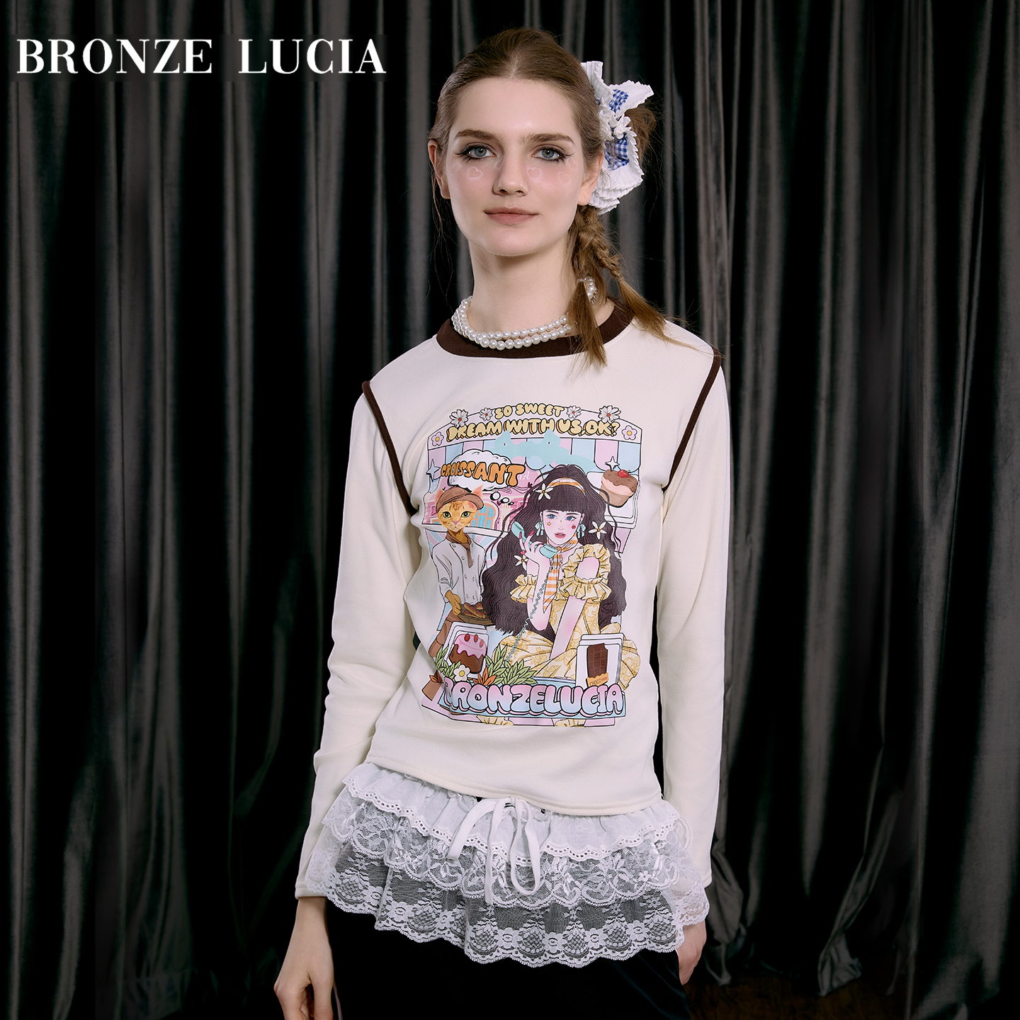 Bronze Lucia假两件治愈烘焙长袖原创印花T恤早秋款修身上衣少女