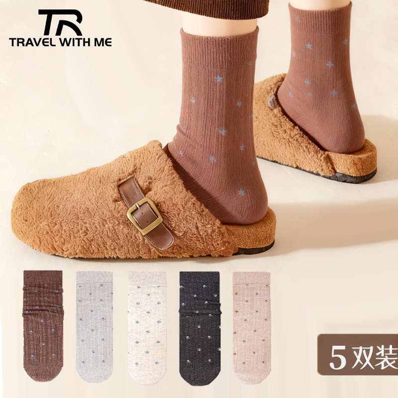 咖色袜子女中筒秋冬美拉德堆堆袜