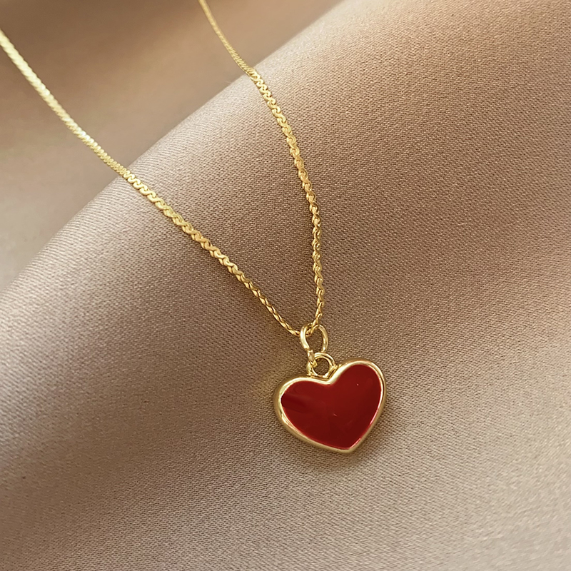 复古红色滴釉爱心吊坠项链女