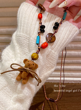 通勤可爱毛绒小熊项链女小众设计简约锁骨链长款编织绳挂脖配饰品