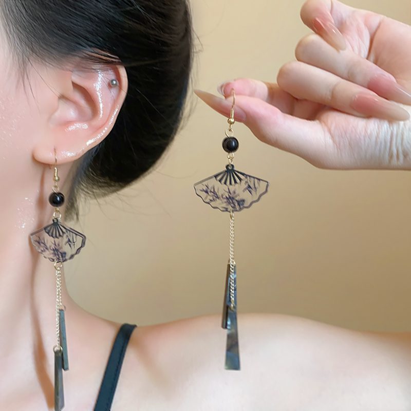 新中式古风水墨扇形耳环