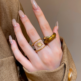 美拉德虎眼石太阳花开口戒指女款复古夸张叠戴指环小众设计食指戒