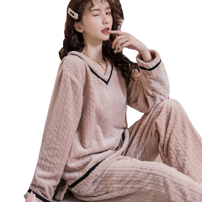 法兰绒睡衣女加肥加大码宽松加厚加绒珊瑚绒家居服套装秋冬款胖mm