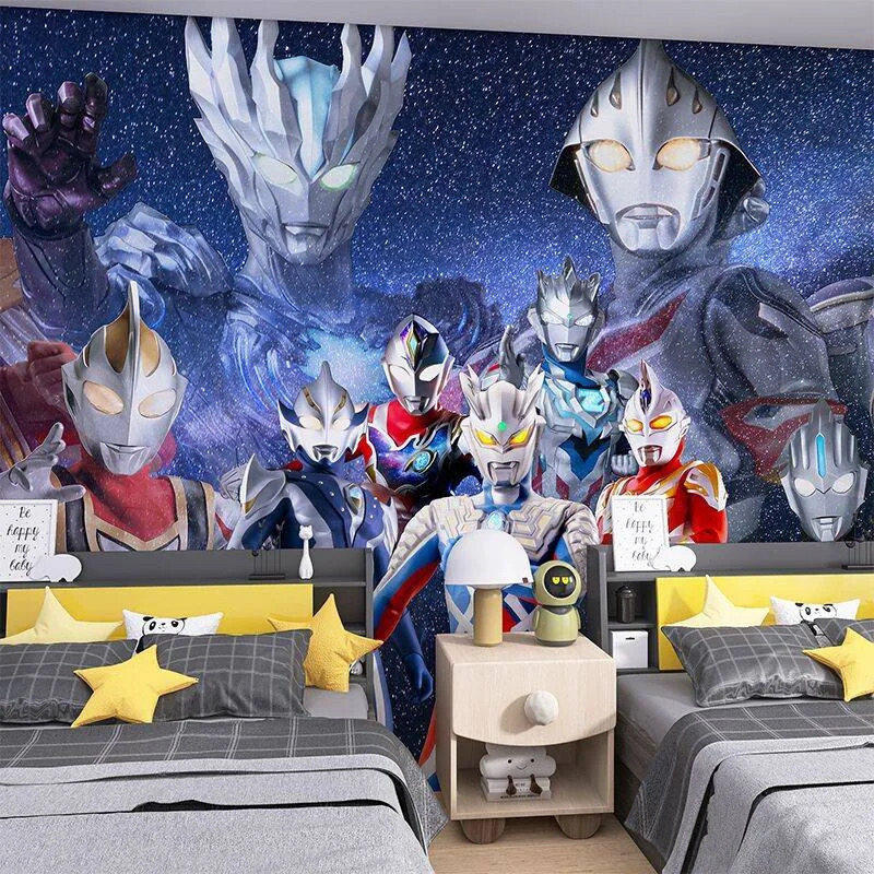 奥特曼墙布儿童房男孩墙纸卧室床头背景墙迪迦赛罗游乐场卡通壁纸