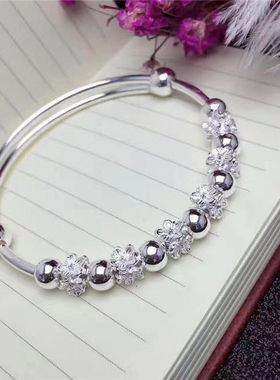白铜镀银手环 年轻款梅花转动珠手镯串珠推拉镯子 送女友节日礼物