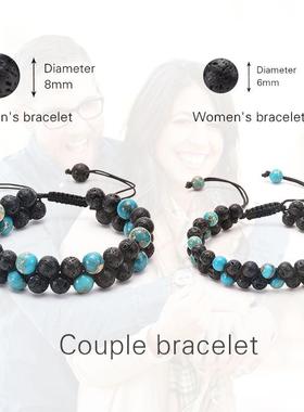亚马逊热卖火山石熔岩双排缠绕手链天然绿松石双层编织情侣手链