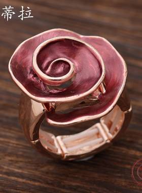 跨境新款彩色画油几何玫瑰花弹力戒指春夏小清新女士百搭花朵戒指