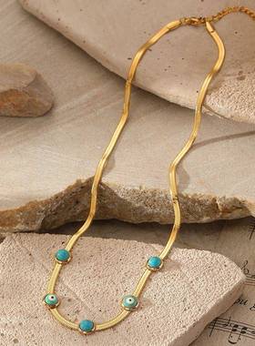 潮流蛇骨链松石恶魔之眼吊坠项链女简约轻奢金色潮钛钢镀金项链