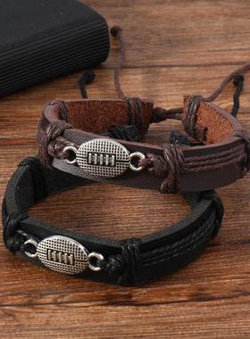 跨境电商爆款合金橄榄球编织皮革手链超级碗元素男士皮革手环