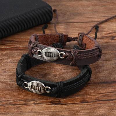 跨境电商爆款合金橄榄球编织皮革手链超级碗元素男士皮革手环