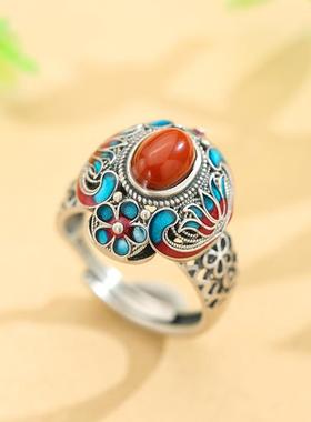 珐琅彩锦绣莲花戒指女复古做旧烧蓝莲花开口指环大气典雅国风饰品