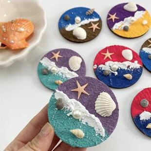 新款跨境diy肌里画冰箱贴天然贝壳磁吸式立体浮雕海景纯手工制作