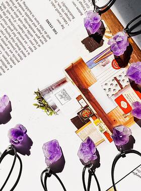 天然薰衣草紫水晶原石吊坠牙牙晶族紫晶簇随形项链紫水晶吊坠外贸