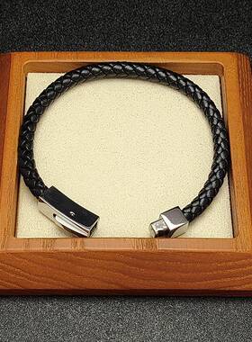 跨境爆款男女情侣款百搭编织高端皮手链不锈钢方形按扣手饰5色