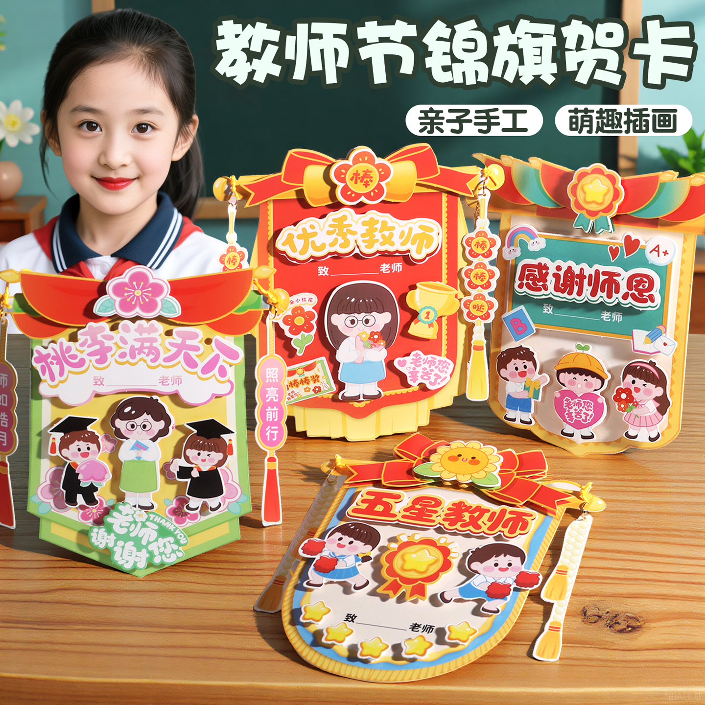 教师节贺卡锦旗diy手工贺卡创意幼儿园儿童送老师感谢师恩谢师高级感贺卡小卡片祝福语留言小学生制作材料包