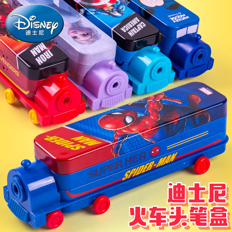 迪士尼火车头文具盒男小学生女多功能铁笔盒男童创意汽车造型铅笔盒二层铁盒幼儿园儿童米奇自带卷笔刀多功能
