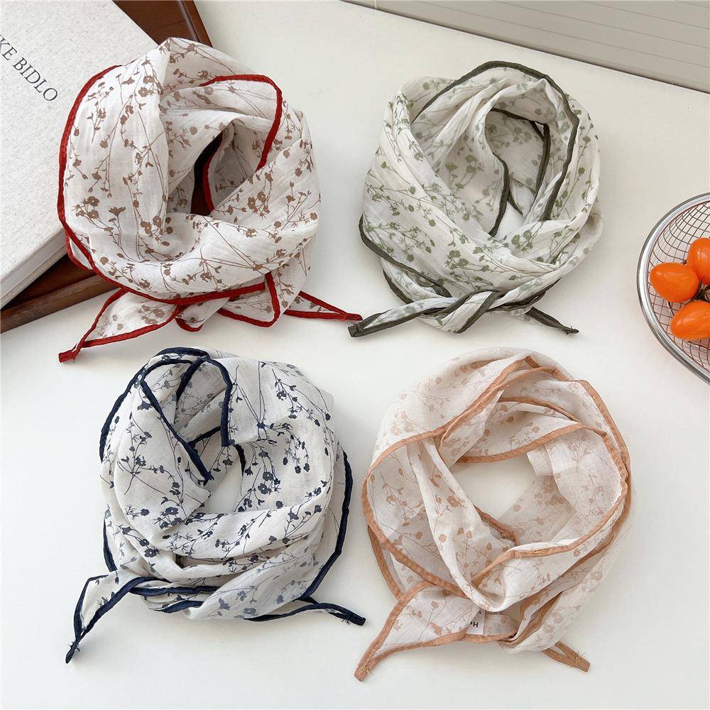 四季轻薄菱形棉麻围巾女春秋夏季时尚百搭职业小领巾头巾装饰丝巾