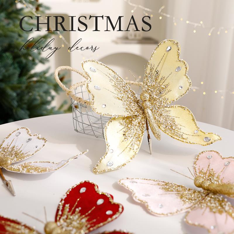 跨境新品圣诞树金粉装饰品高档布艺亮片仿真蝴蝶挂件圣诞花艺配件