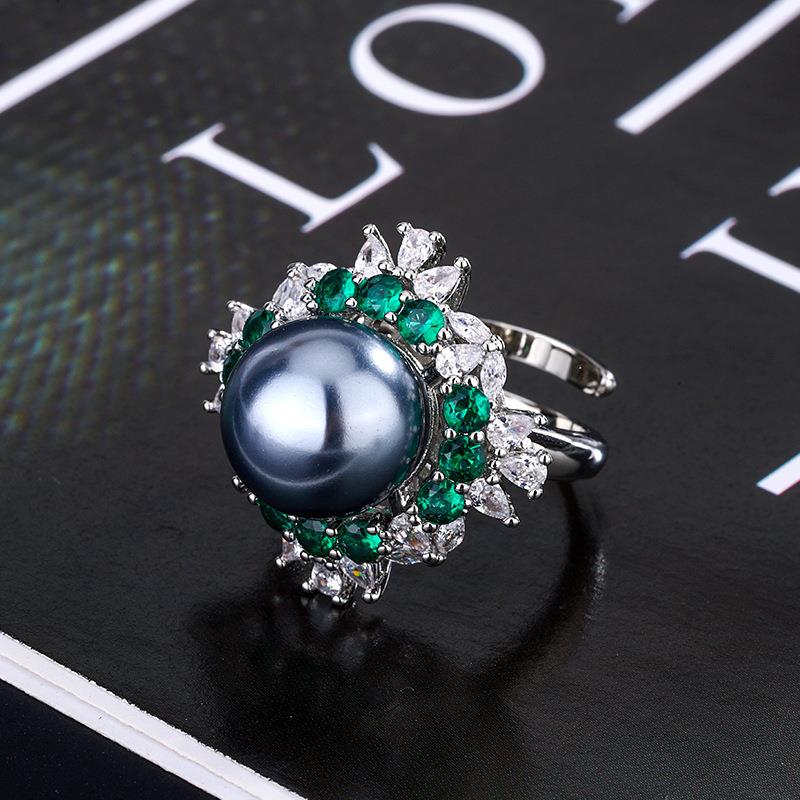 祖母绿珠宝宫廷风复古新款彩宝珍珠套装铂金灰珠银针耳钉戒指项链