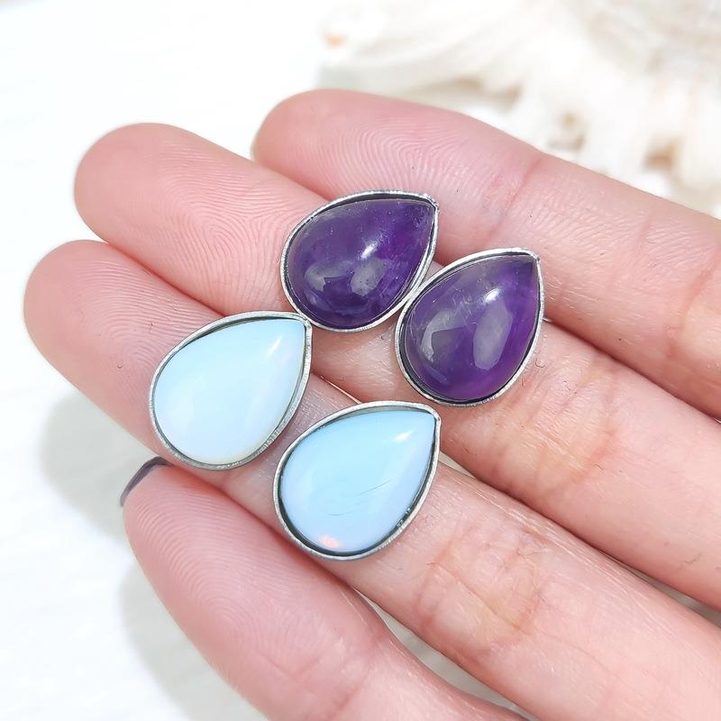 新品天然水晶水滴形钛钢耳钉绿东陵简约不锈钢跨境耳环耳饰