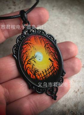 跨境外贸亚马逊时尚哥特日落森林乌鸦手绘个性化项链厂家直销