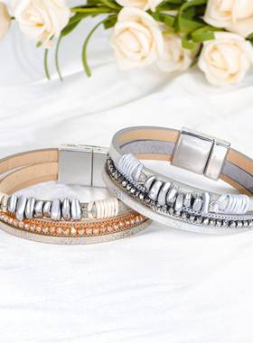 跨境新款多层皮革手链合金磁铁扣手镯女士时尚搭配金属串珠手饰