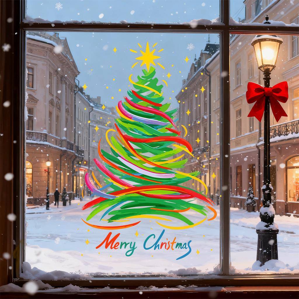 2025新款temu静电玻璃贴彩色圣诞树静电贴可跨境