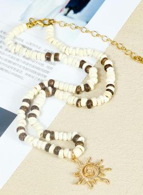 跨境休闲度假风椰壳木珠米珠太阳吊坠项链男士嘻哈部落复古项链