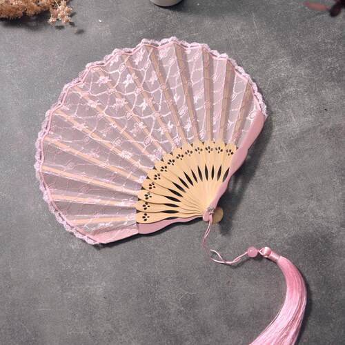 复古女士和扇贝壳扇大刀扇礼品扇双层黑蕾丝花边扇子折叠扇竹扇