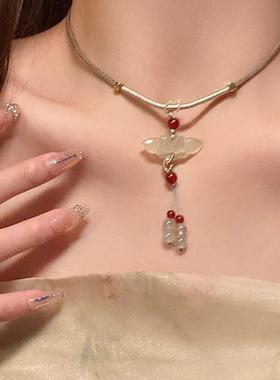 莲花玉石吊坠编绳项链女新中式古风旗袍装饰国风汉服马面裙配饰品