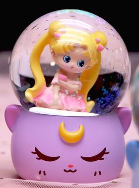 可爱卡通猫咪美少女水晶球盲盒创意树脂发光桌面摆件公主生日礼物