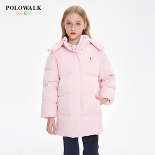 POLOWALK童装女童中长款粉色连帽羽绒服冬季新款保罗儿童保暖外套