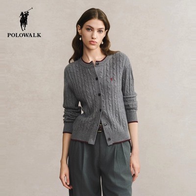 【100%绵羊毛】POLOWALK针织开衫女2024秋冬通勤保暖绞花羊毛开衫