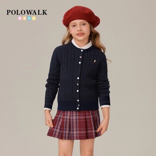 POLOWALK童装女童绞花针织开衫2025秋季新款保罗儿童百搭圆领毛衣