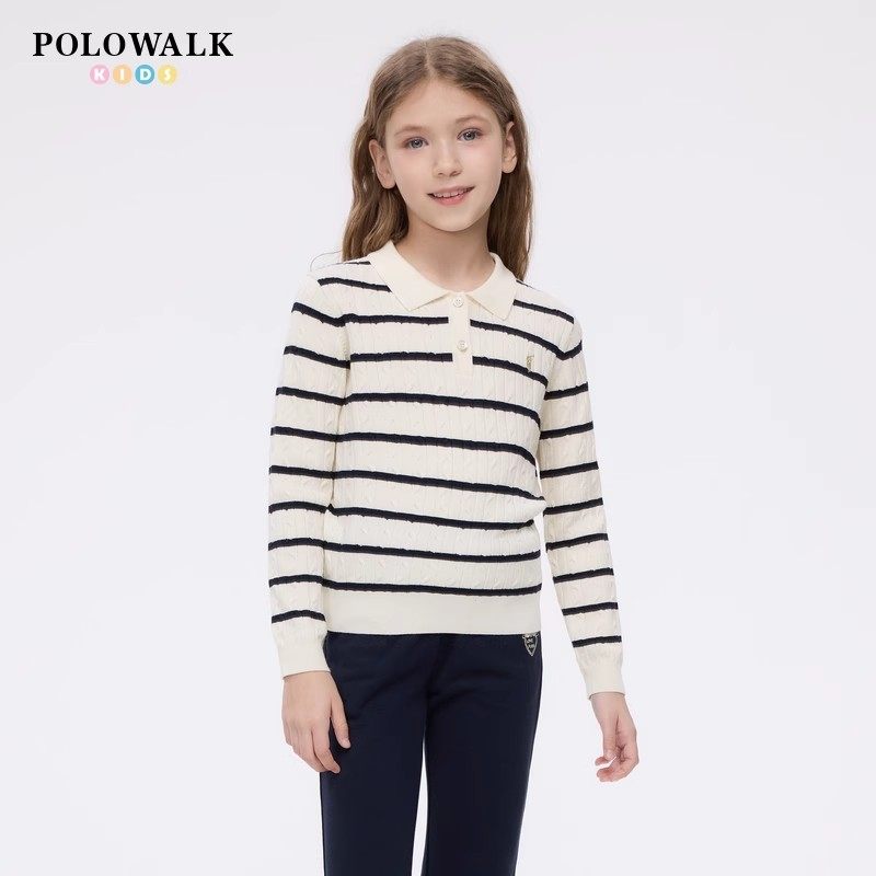 POLOWALK童装女童翻领针织衫2025春季新款百搭条纹儿童毛衣内搭潮,童装/婴儿装/亲子装,毛衣/针织衫,淘宝优惠券,粉丝福利购,淘宝优惠卷