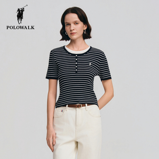 POLOWALK条纹短袖针织衫女2026夏季新款保罗女装修身显瘦百搭半袖