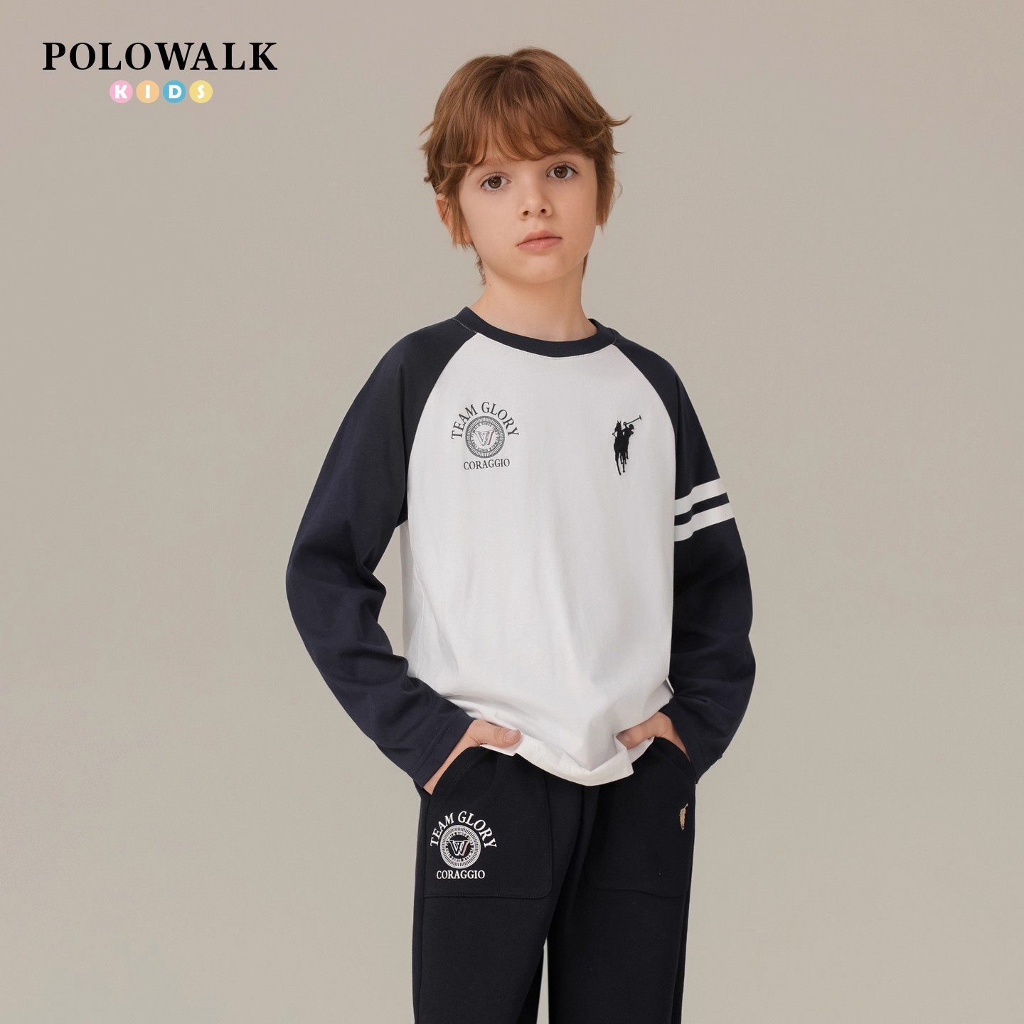POLOWALK童装男童撞色长袖T恤秋季新款保罗儿童运动休闲打底上衣