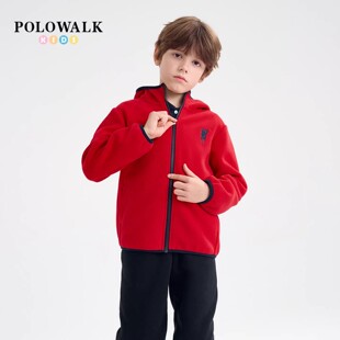 POLOWALK童装男童红色摇粒绒外套秋冬季新款保罗保暖连帽开衫上衣