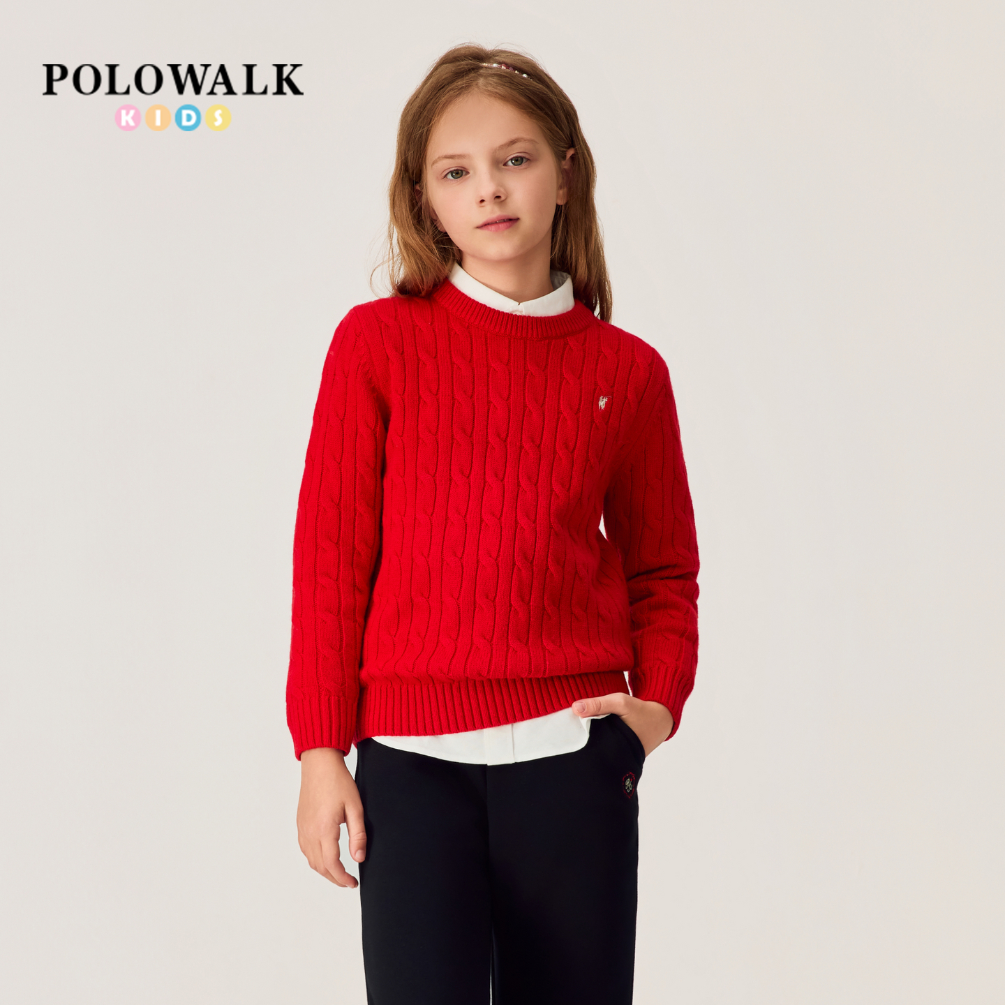 POLOWALK女童百搭圆领绞花针织衫