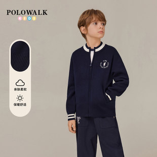 POLOWALK童装男童针织开衫2025秋季新款保罗儿童刺绣圆领棒球外套