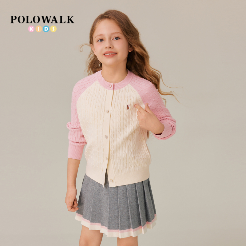 POLOWALK女童时尚撞色圆领针织衫