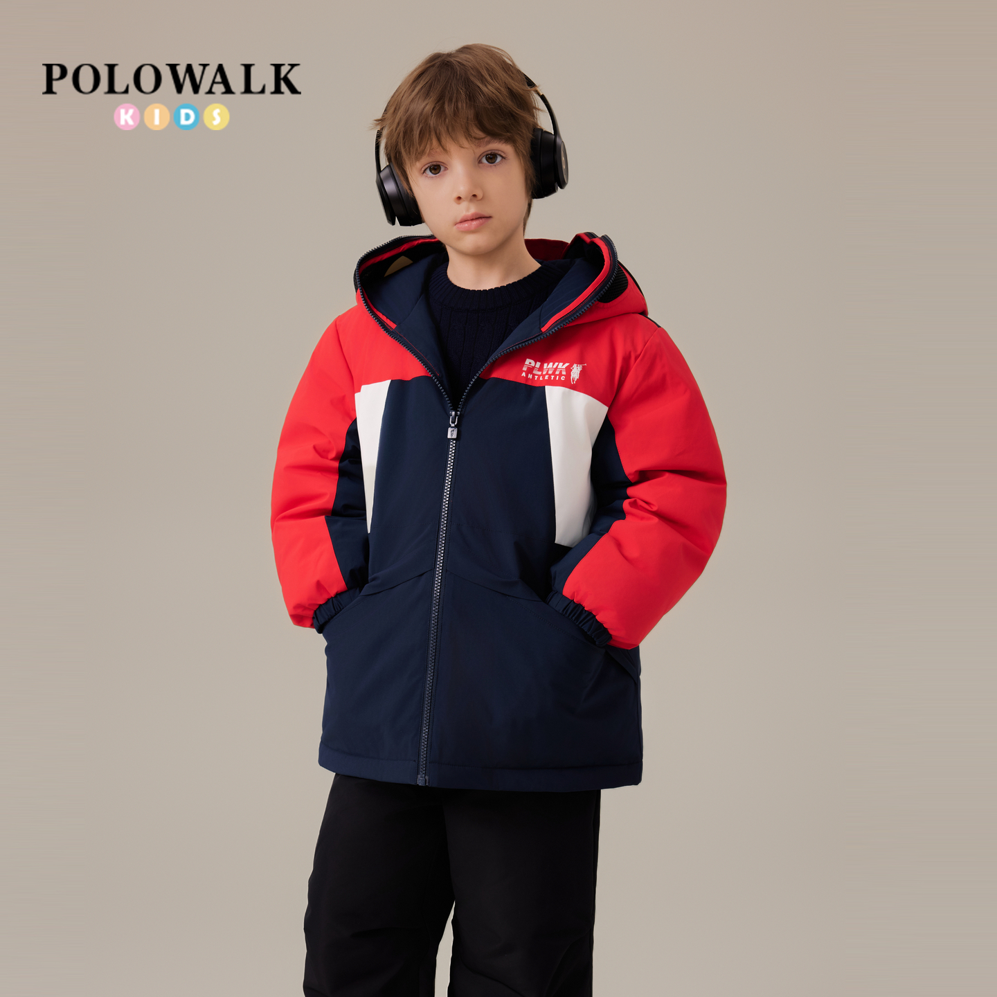 POLOWALK男童时尚撞色连帽羽绒服