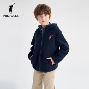 POLOWALK童装男童摇粒绒外套春秋季新款保罗儿童保暖连帽开衫上衣