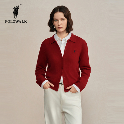 POLOWALK冬季新品翻领羊毛开衫女