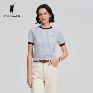 POLOWALK短袖针织衫女2026夏季新款保罗女装撞色圆领气质绞花半袖