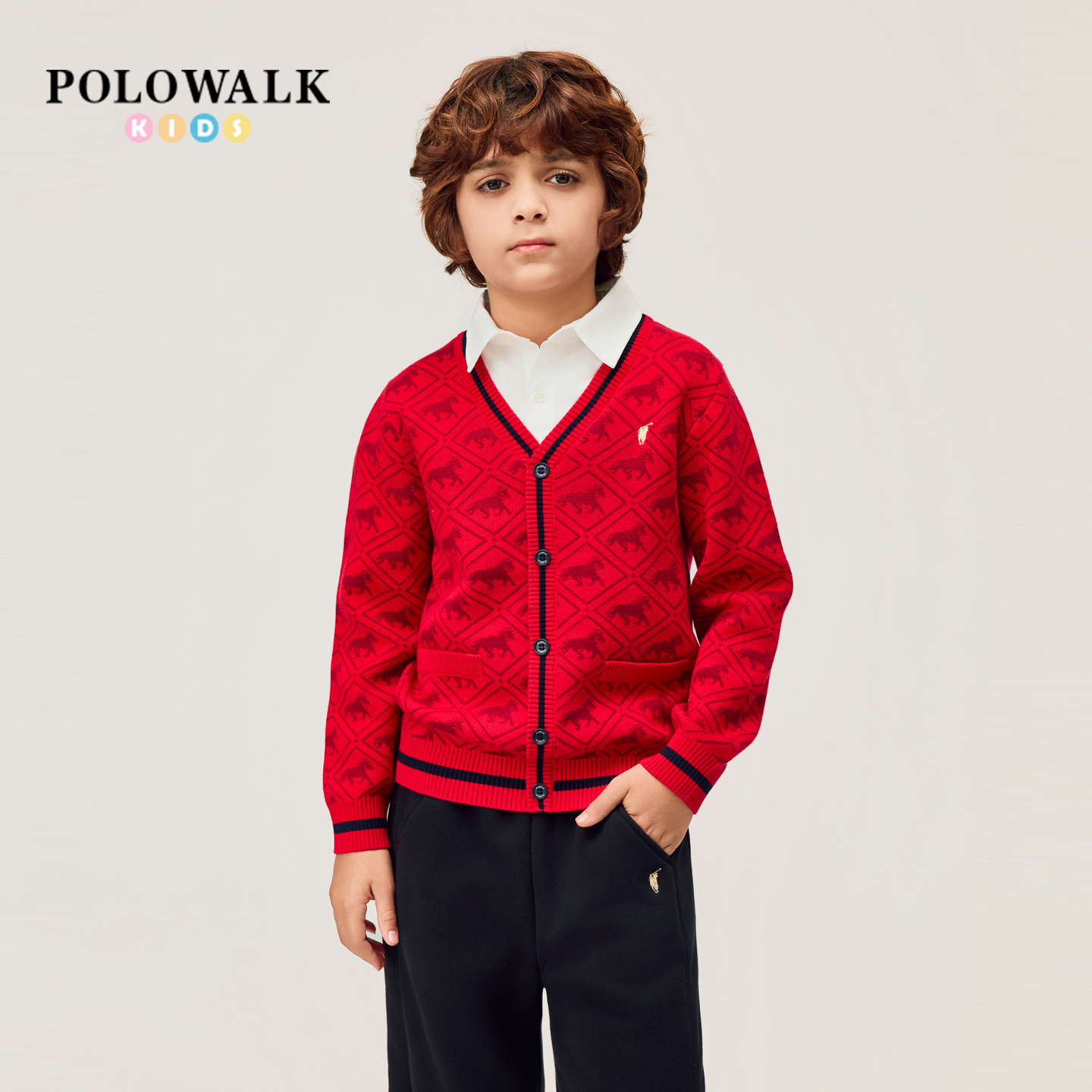 POLOWALK童装男童假两件纯棉毛衣